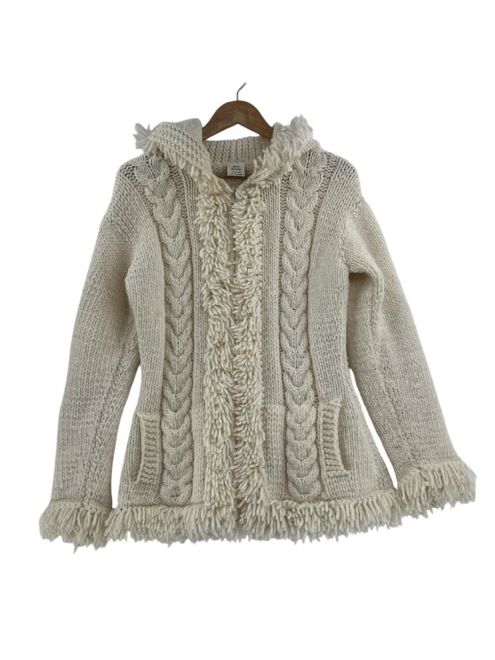 Native Creations Cardigan Sweater Women's Sz M Cream Hooded 100% Wool Cable Knit